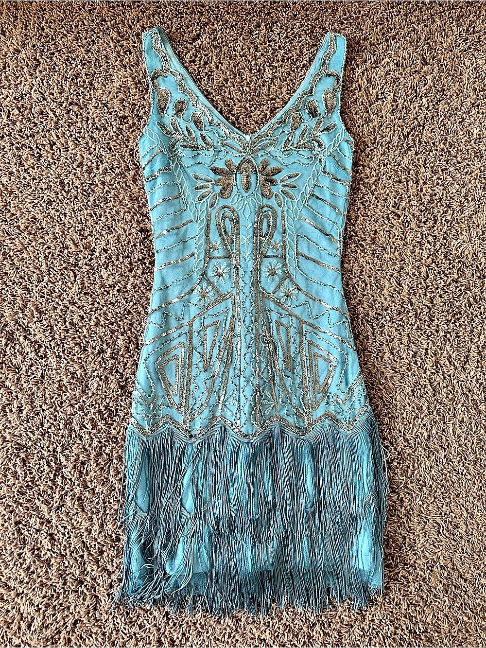 Beaded Fringe Mini Dress in Blue Like New